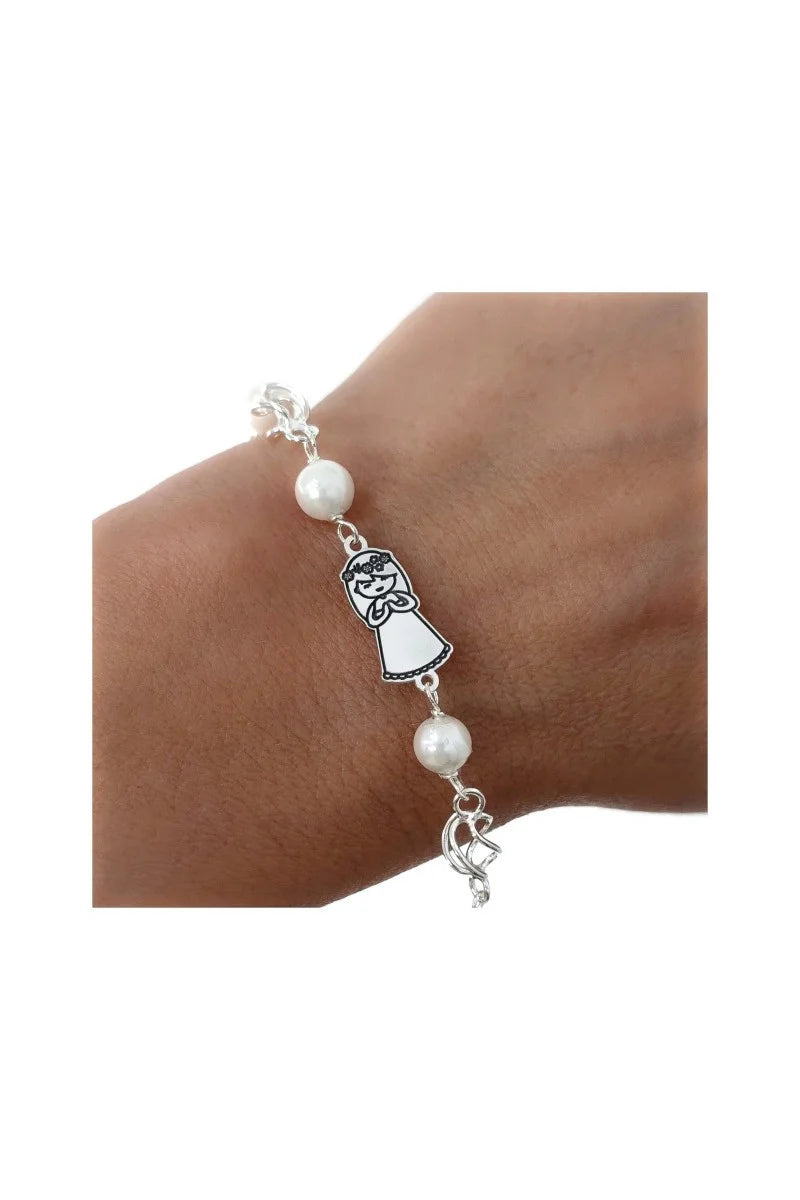 Pulsera de Comunión Perlas y Niña en Plata de Ley 925