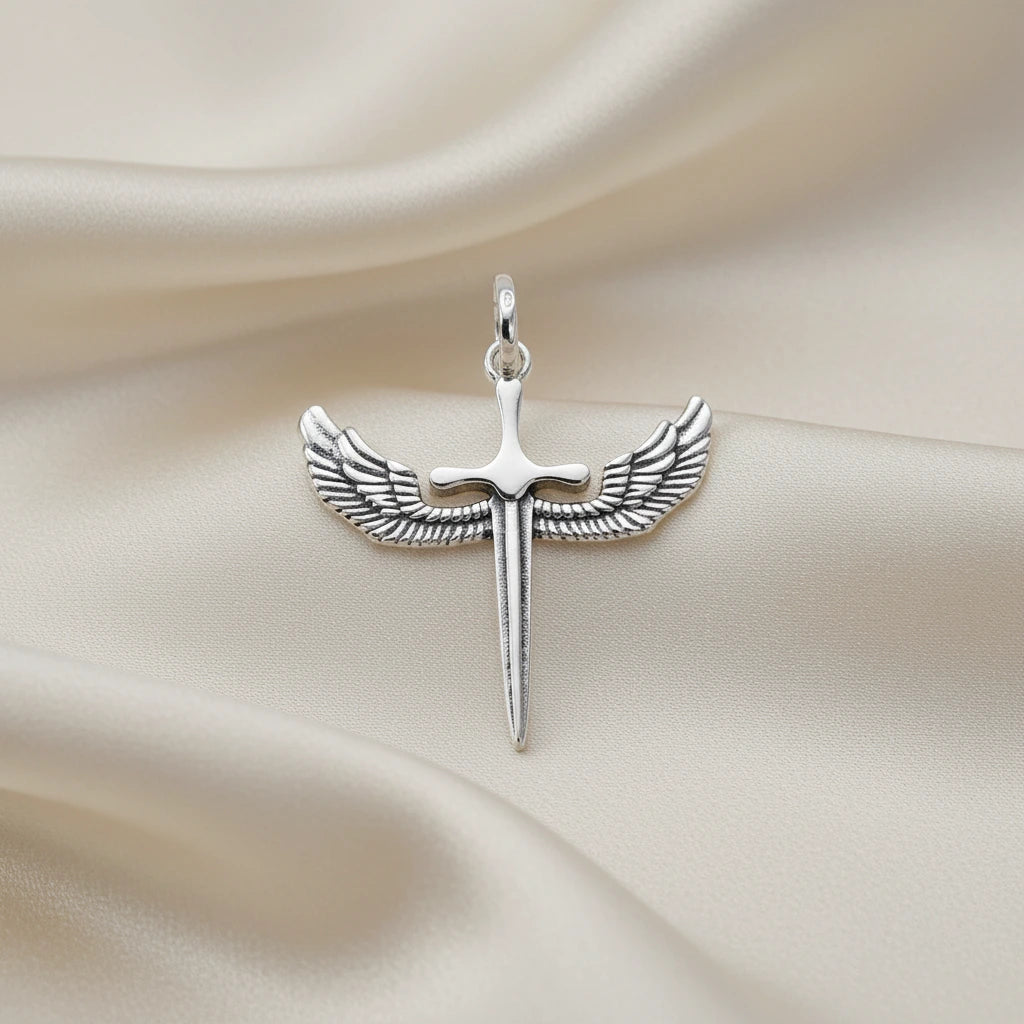 Colgante Espada Alas de San Miguel Arcángel en Plata de Ley 925 Oxidada - Amuleto de Protección
