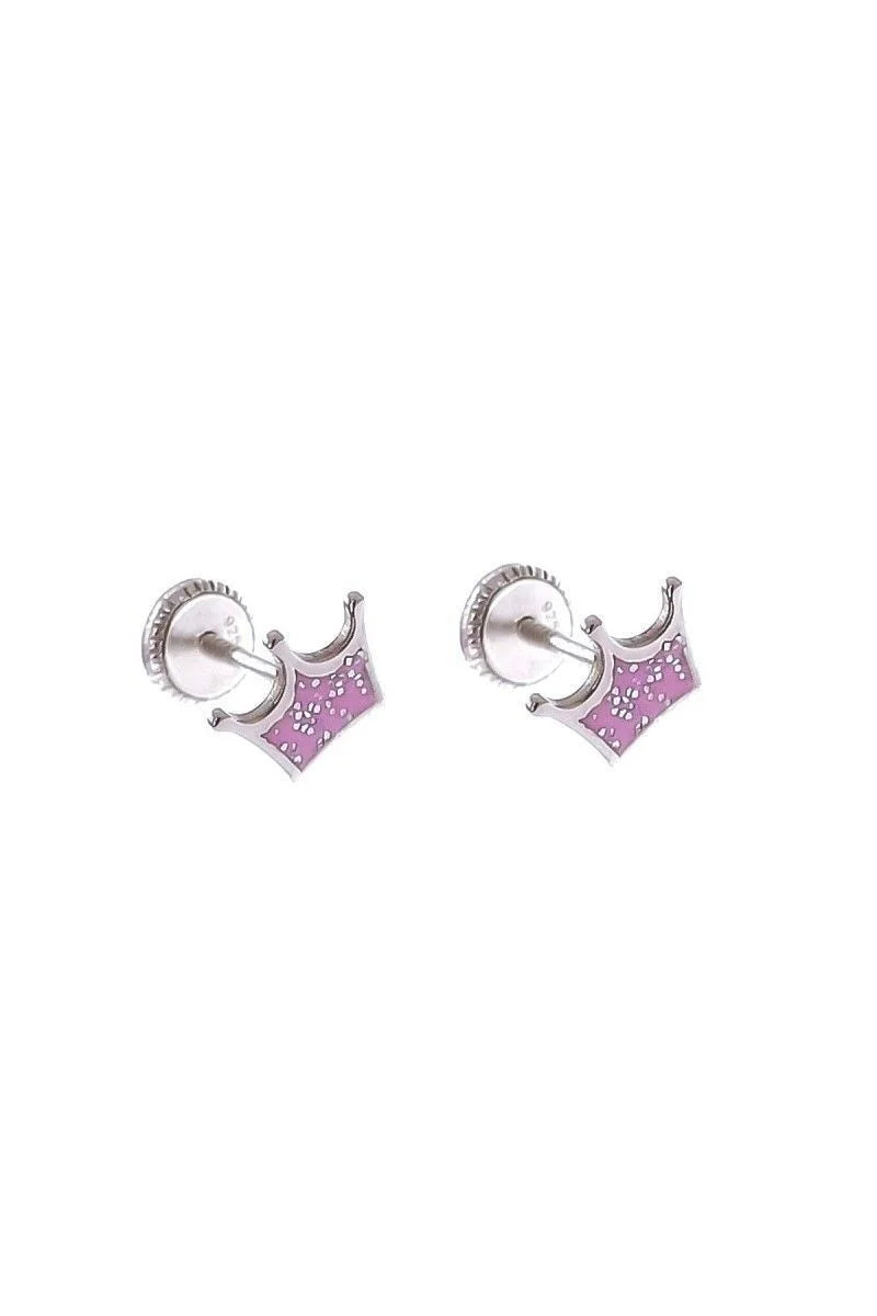 Pendientes Infantiles Corona Rosa Purpurina Plata 925 – SomosPlata