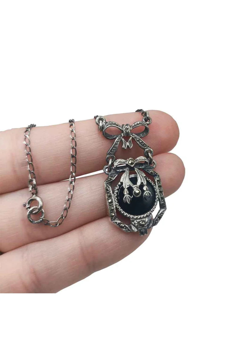 Collar 50 cm Vintage Plata de Ley 925 con Marquesitas y Piedra Negra