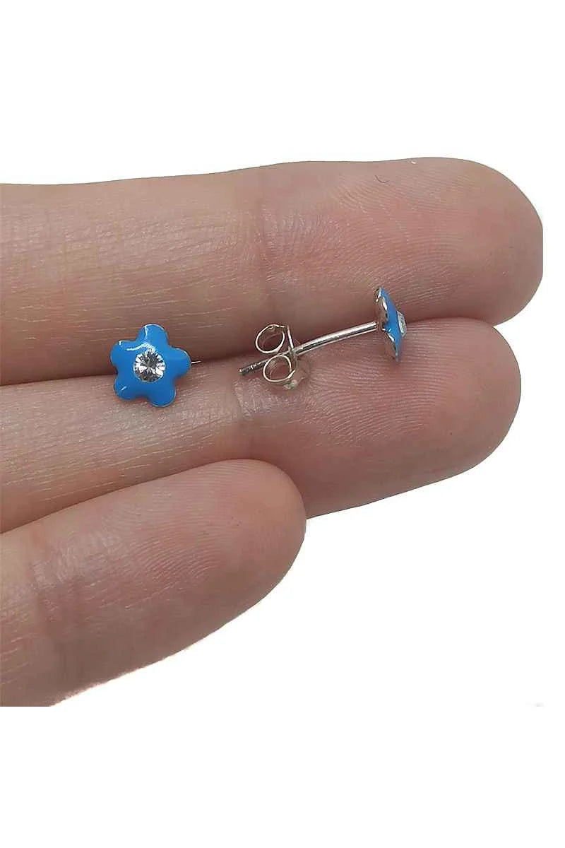 Pendientes Flor Esmaltados Celeste con Circonita Plata de Ley 925 – SomosPlata