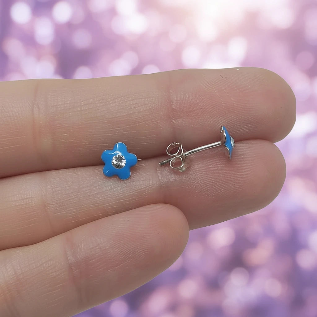 Pendientes Flor Esmaltados Celeste con Circonita Plata de Ley 925