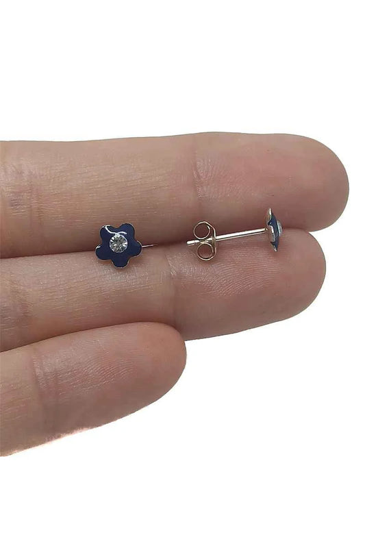 Pendientes Flor Esmaltados Azul Marino con Circonita Plata de Ley 925 – SomosPlata
