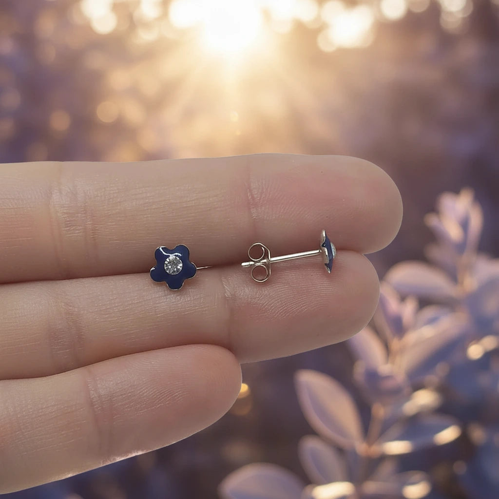 Pendientes Flor Esmaltados Azul Marino con Circonita Plata de Ley 925