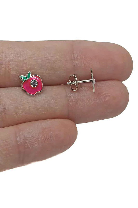 🍏✨ Pendientes Manzana Rosa Esmaltada con Circonita Plata de Ley 925 ✨🍏