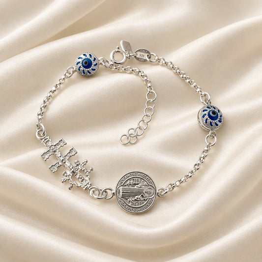 Pulsera "Trinidad Protectora" Ojo Turco, San Benito y Cruz de Caravaca en Plata 925