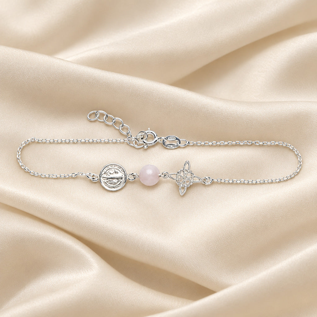 Pulsera de Plata de Ley, San Benito, Nudo de Brujas y Cuarzo Rosa, Joya de Protección y Armonía