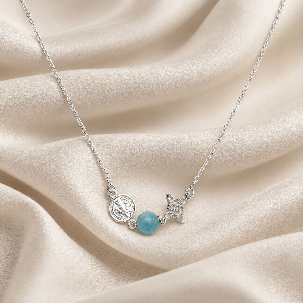 Collar de Plata de Ley, San Benito, Nudo de Brujas y Aguamarina, Joya de Protección y Fluidez
