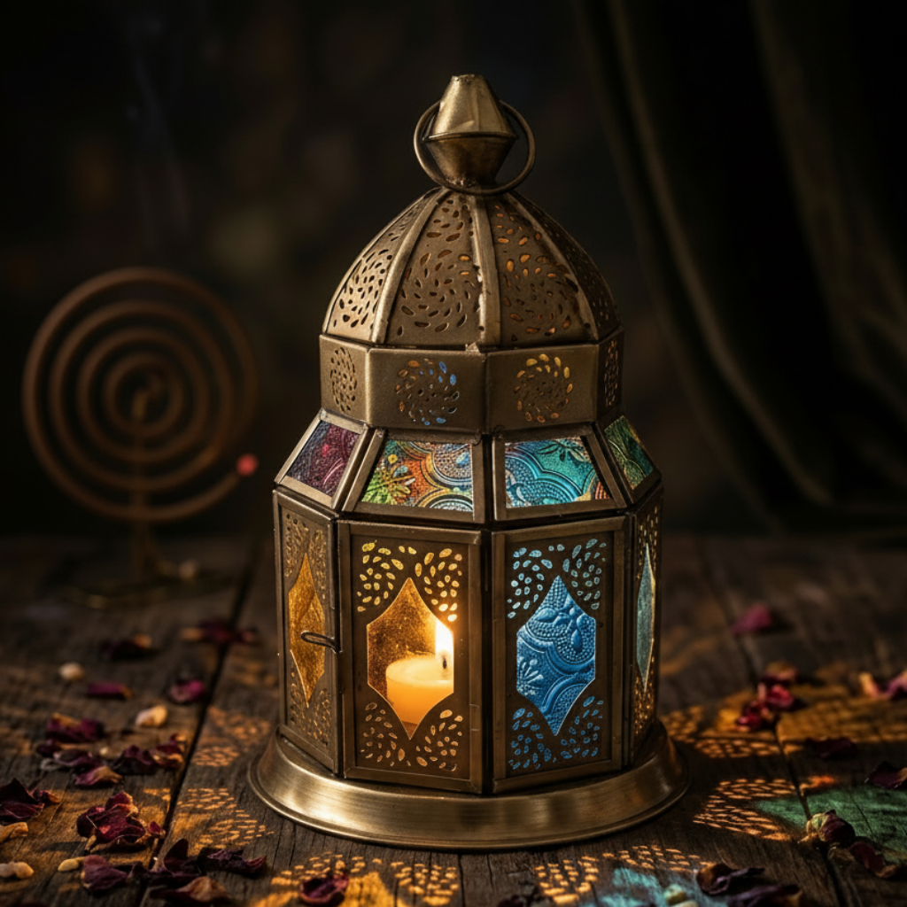 Farol Ritual "Cúpula de Oriente" – Linterna de Hierro y Cristal Multicolor (20 cm)