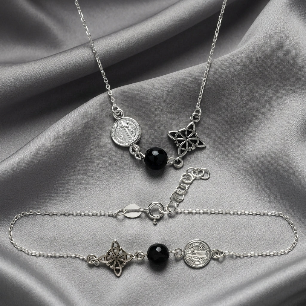 Collar de Plata de Ley 925 con San Benito, Nudo de Brujas y Ónix