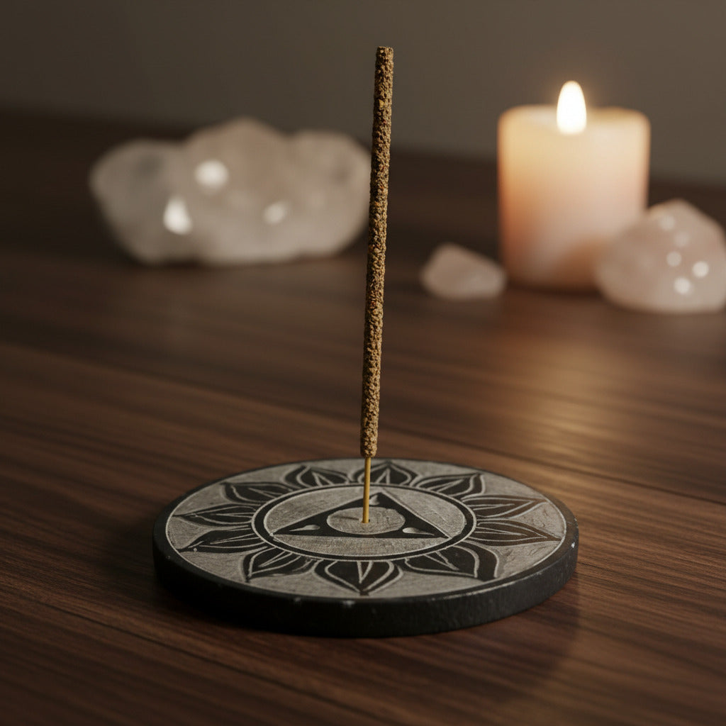 Porta-Incienso de Piedra Natural Triángulo Sagrado – Plato Artesanal de India (7.5 cm)
