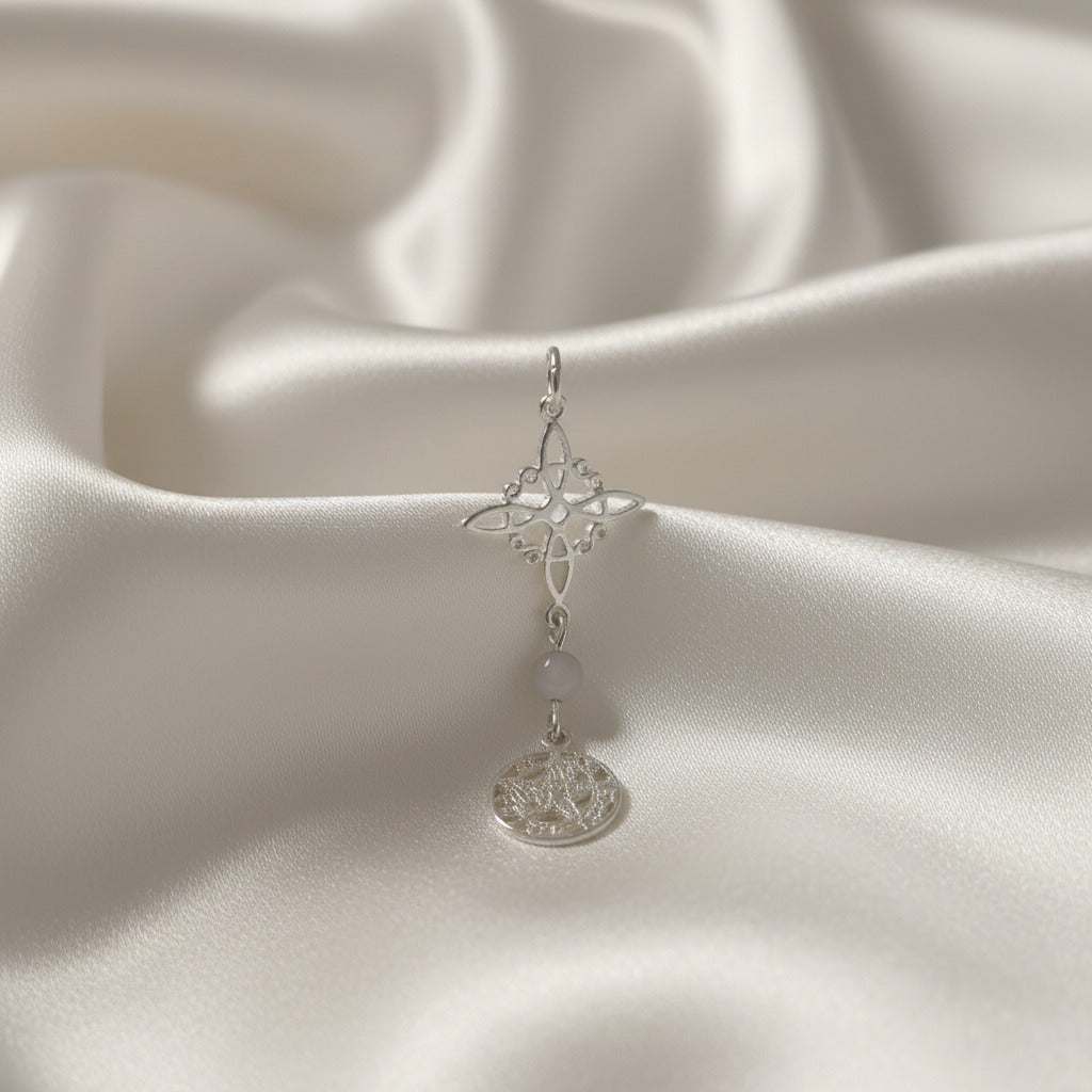 Colgante Triple Protección Femenina (Plata de Ley) - Nudo de Bruja, Tetragramatón y Piedra de Luna