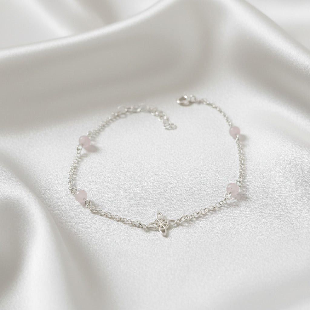 Pulsera "Vibración Amorosa" – Nudo de Bruja y Cuarzo Rosa en Plata de Ley 925