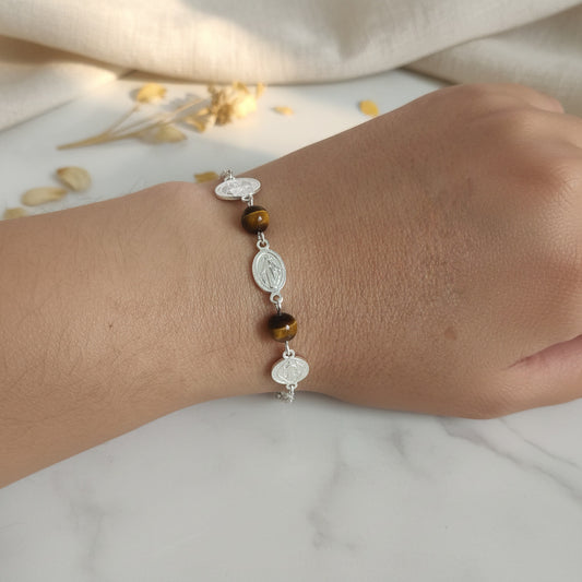 Pulsera "Escudo de Luz" – Medallas de Protección en Plata 925 y Ojo de Tigre