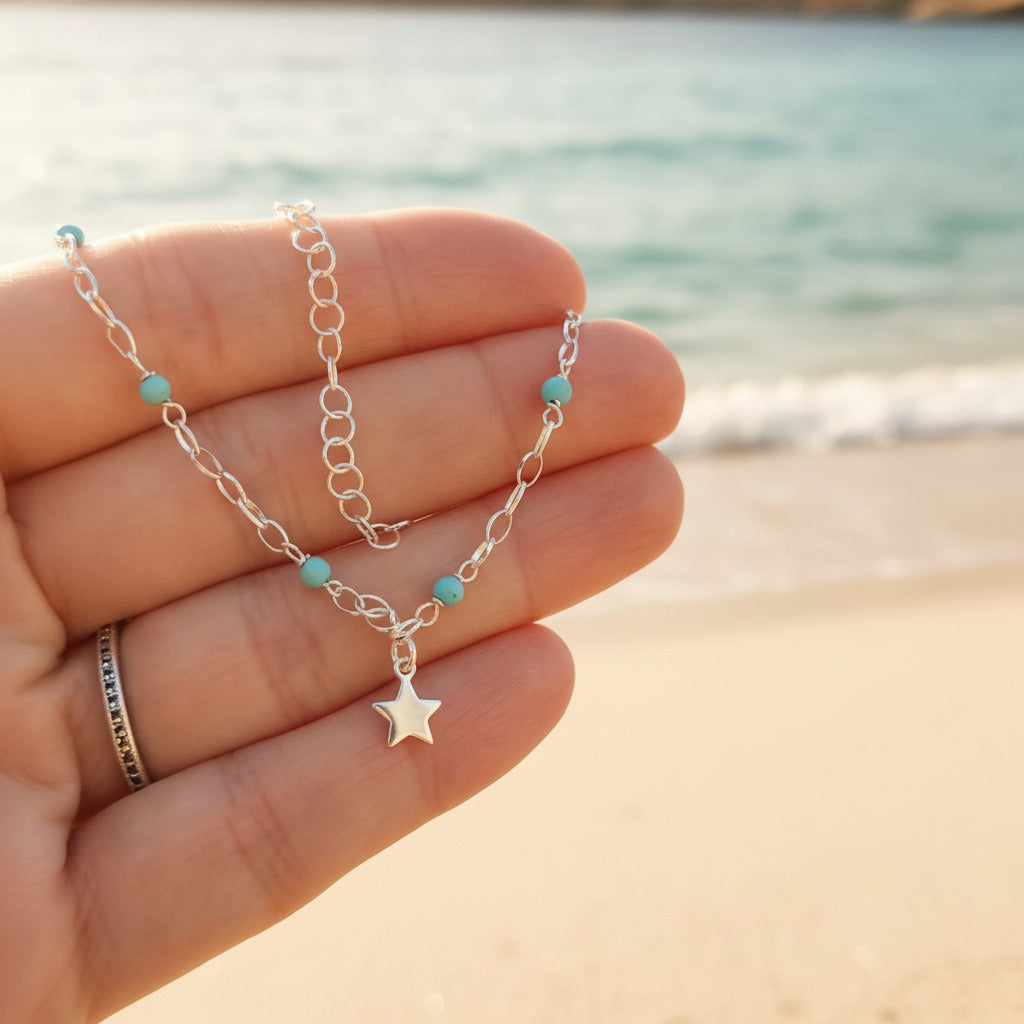 Tobillera de Plata de Ley 925 con Bolas Turquesas y Estrella - Amuleto de Guía Celestial y Regalo de Protección