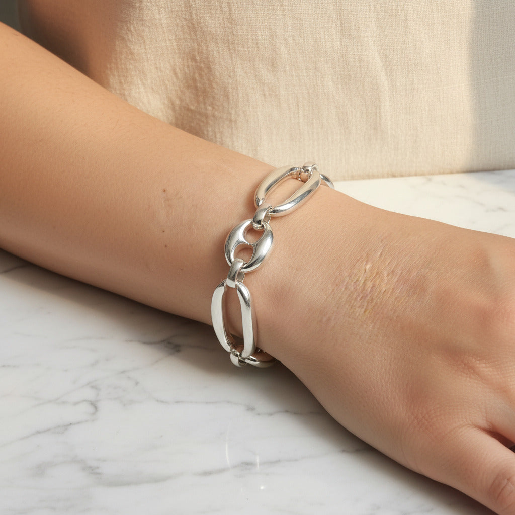 Pulsera de Eslabones Ovalados y Calabrote de Plata de Ley 925 - Amuleto de Enraizamiento, Estabilidad y Regalo de Protección Mística