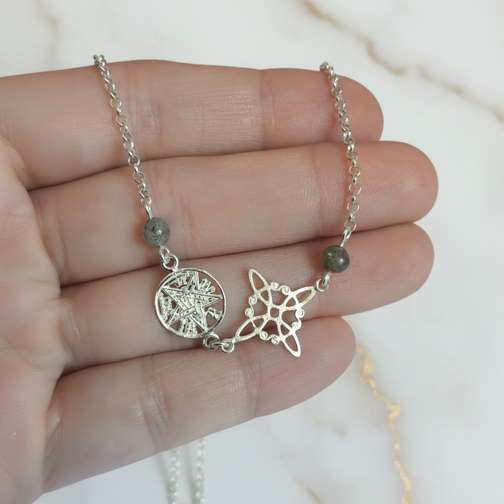 Pulsera Nudo de Bruja y Tetragramatón en Plata de Ley 925 con Labradorita - Amuleto de Protección y Transformación