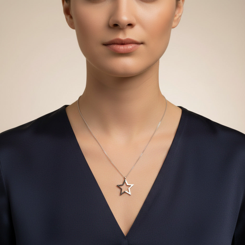 Collar Estrella en Plata de Ley 925 Rodiada con Circonitas Negras - Regalo Elegante