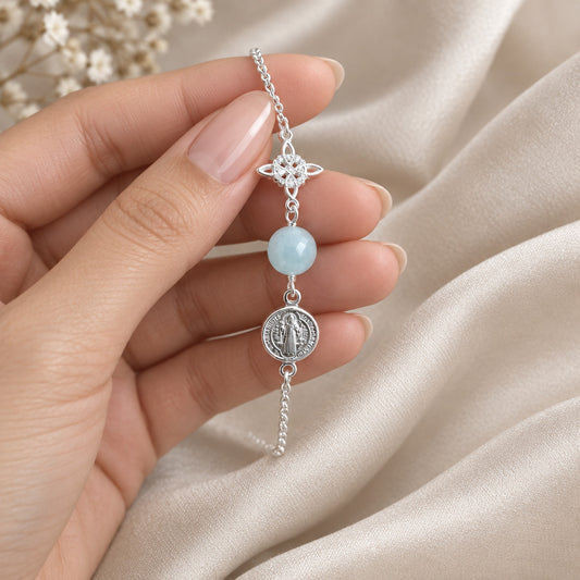 Pulsera Nudo de Brujas y San Benito en Plata de Ley con Aguamarina