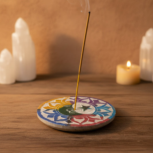 Porta-Incienso de Piedra Natural Sol y Luna – Plato Artesanal de India (7.5 cm)