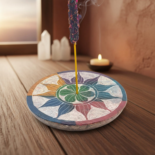 Porta-Incienso Mandala de Piedra Natural – Plato Artesanal Flor de la Vida (7.5 cm)