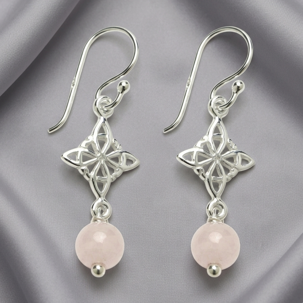 Pendientes Nudo de Bruja y Cuarzo Rosa en Plata de Ley 925 - Amuleto de Protección