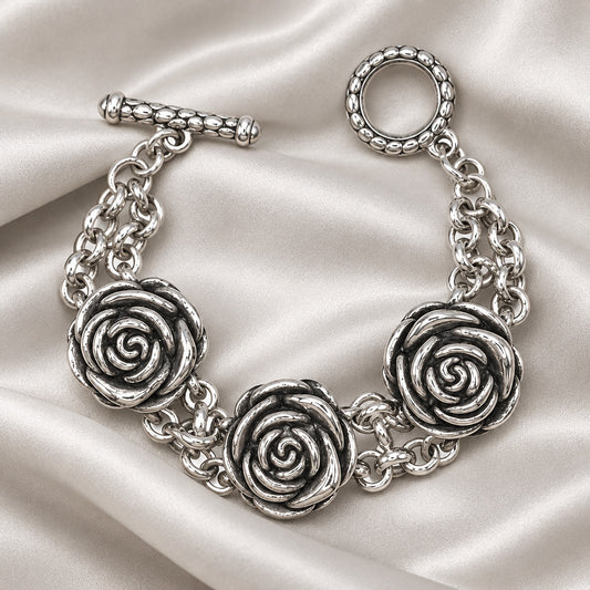 Pulsera de Rosas Doble en Plata de Ley 925 - Símbolo de Amor y Belleza Mágica