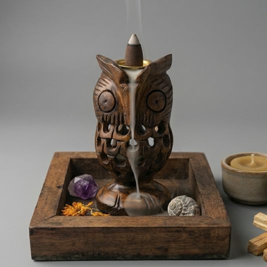 Soporte Ritual "Búho de la Sabiduría" – Base de Madera Tallada para Humo en Cascada