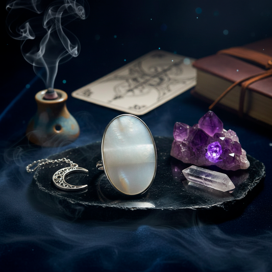 Anillo "Puerta Lunar" de Plata y Nácar - Energía Mística y Ajustable