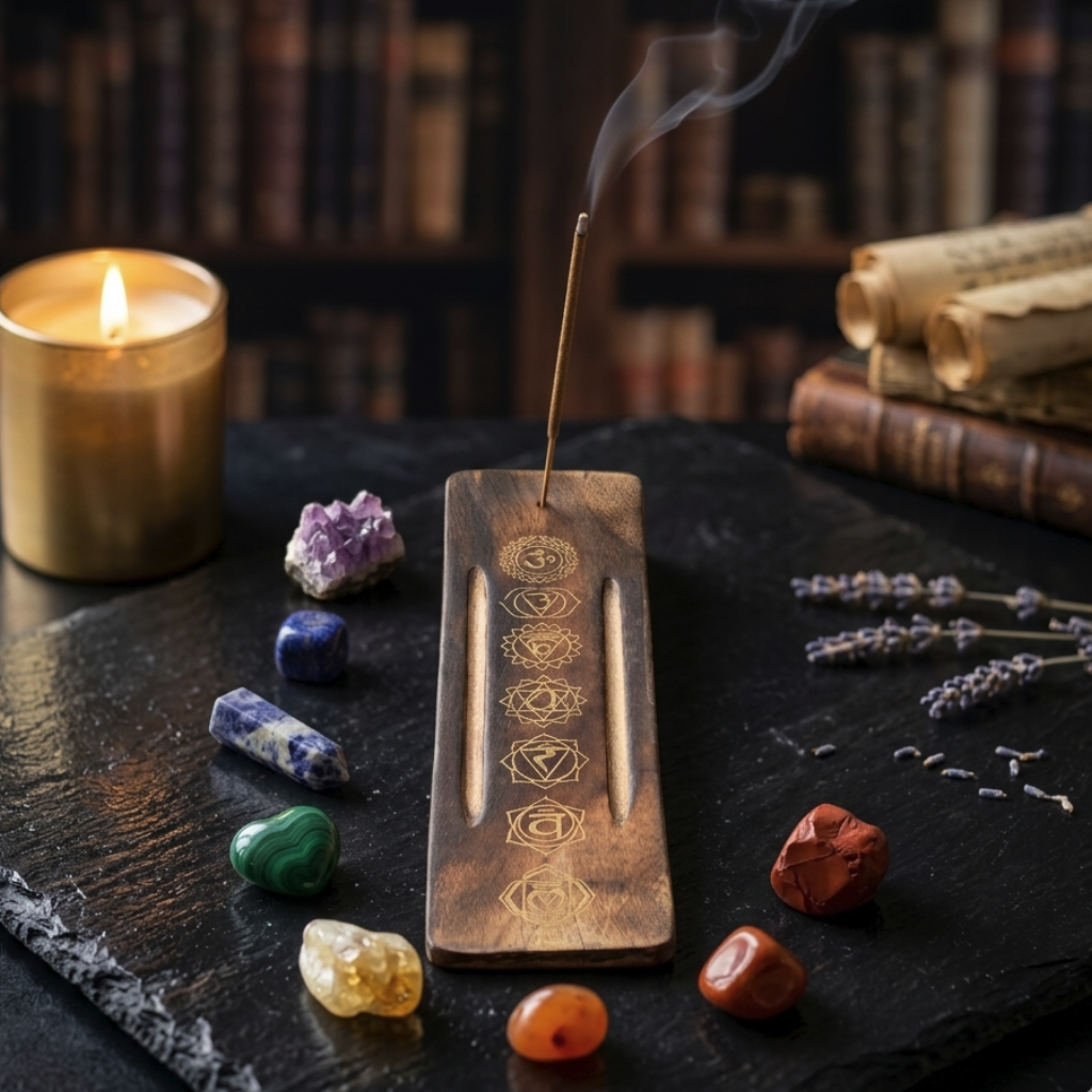 Porta Incienso "Alineación de Chakras" – Soporte de Madera Noble Tallada (26x7 cm)