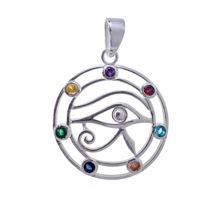 Colgante Ojo de Horus y Chakras en Plata de Ley 925 con Circonitas de Colores (27.5 mm)
