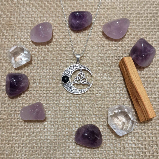 Gargantilla Plata de Ley Luna, Trisqueta y Ónix - Amuleto Místico 925