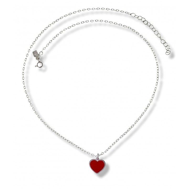 Gargantilla Ajustable Plata de Ley 925 con Cadena Forzada y Dije Corazón Rojo Esmaltado (40 + 4 cm)