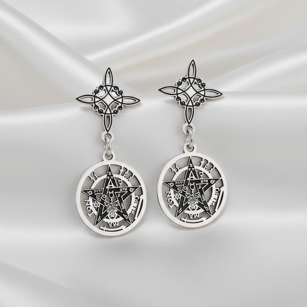 Pendientes Dúo de Poder (Plata 925) - Nudo de Bruja (Presión) y Tetragramatón (Colgante) - Escudo de Defensa Absoluta