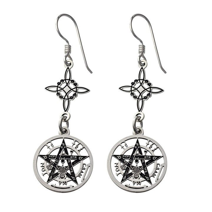 Pendientes Hippie Boho Dúo Protector (Plata 925) - Nudo de Bruja y Tetragramatón - Escudo Mágico de Sabiduría y Defensa