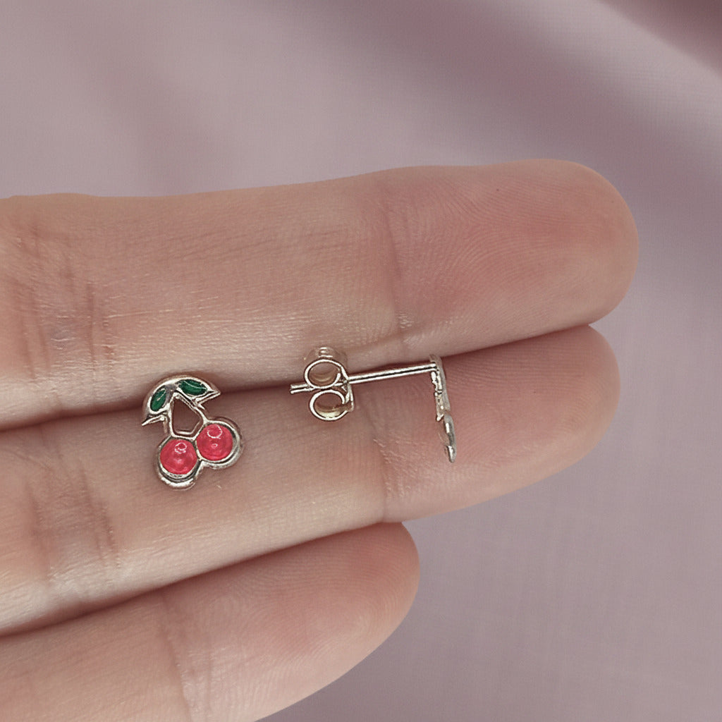 Pendientes Cerezas Dulces - Plata de Ley 925 y Esmalte Rosa - Amuleto de Abundancia y Regalo de Alegría