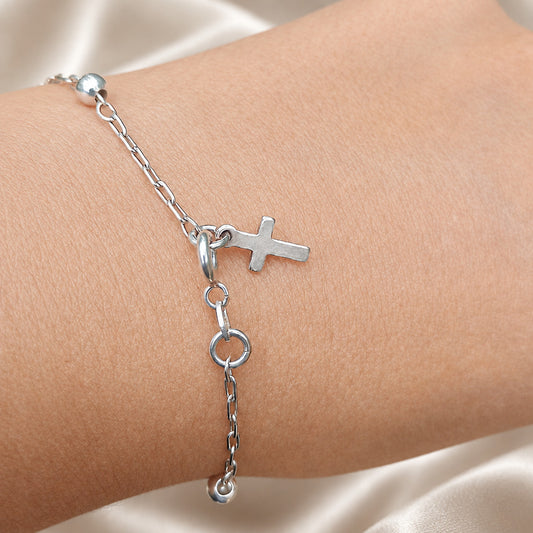 Pulsera de Bolitas y Cruz en Plata de Ley 925 - Protección y Guía Espiritual (18.5 cm)
