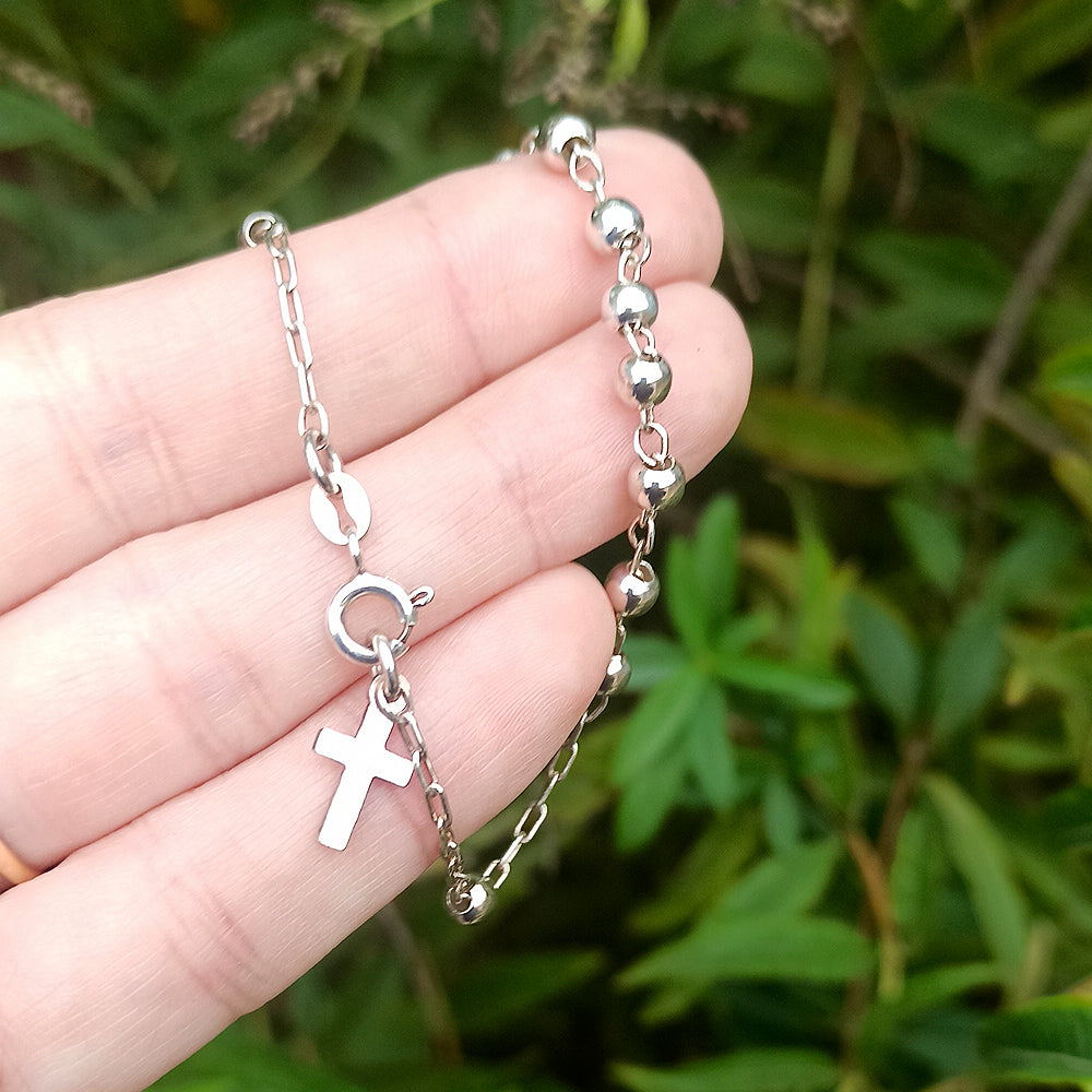 Pulsera de Bolitas y Cruz en Plata de Ley 925 - Protección y Guía Espiritual (18.5 cm)