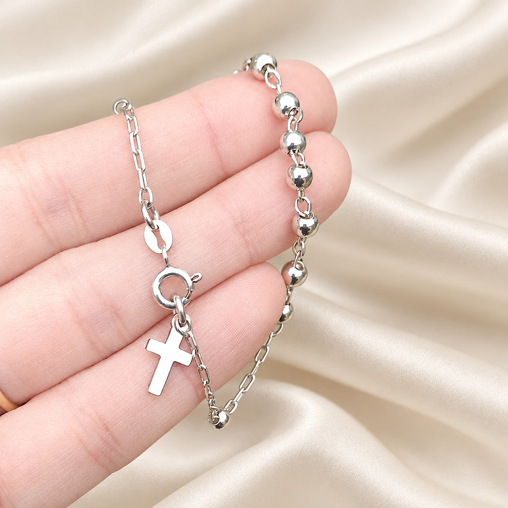 Pulsera de Bolitas y Cruz en Plata de Ley 925 - Protección y Guía Espiritual (18.5 cm)