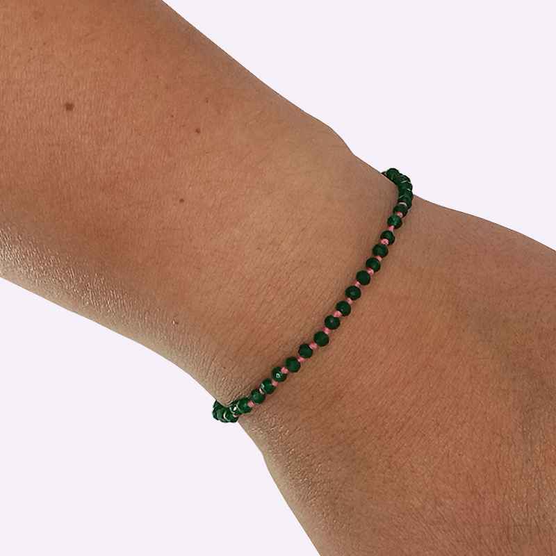 Pulsera Fina de Plata de Ley y Baño de Rodio con Cuentas de Ónix Verde (15 + 3 cm)