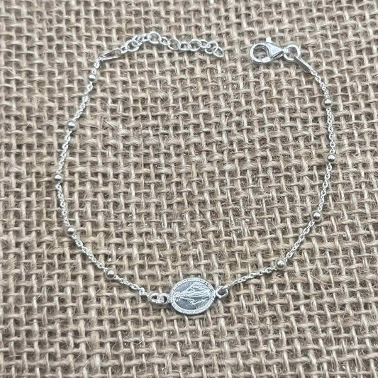 Pulsera Medalla Milagrosa (Plata de Ley 925) - Amuleto de Fe y Gracia con Bolitas y Cadena Forzada (16 + 3 cm)