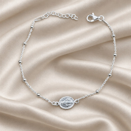 Pulsera Medalla Milagrosa (Plata de Ley 925) - Amuleto de Fe y Gracia con Bolitas y Cadena Forzada (16 + 3 cm)