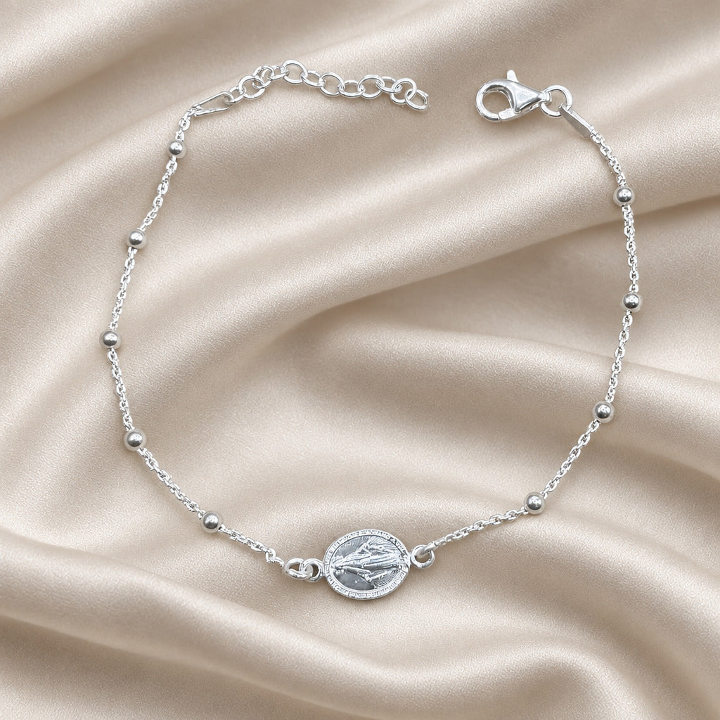 Pulsera Medalla Milagrosa (Plata de Ley 925) - Amuleto de Fe y Gracia con Bolitas y Cadena Forzada (16 + 3 cm)