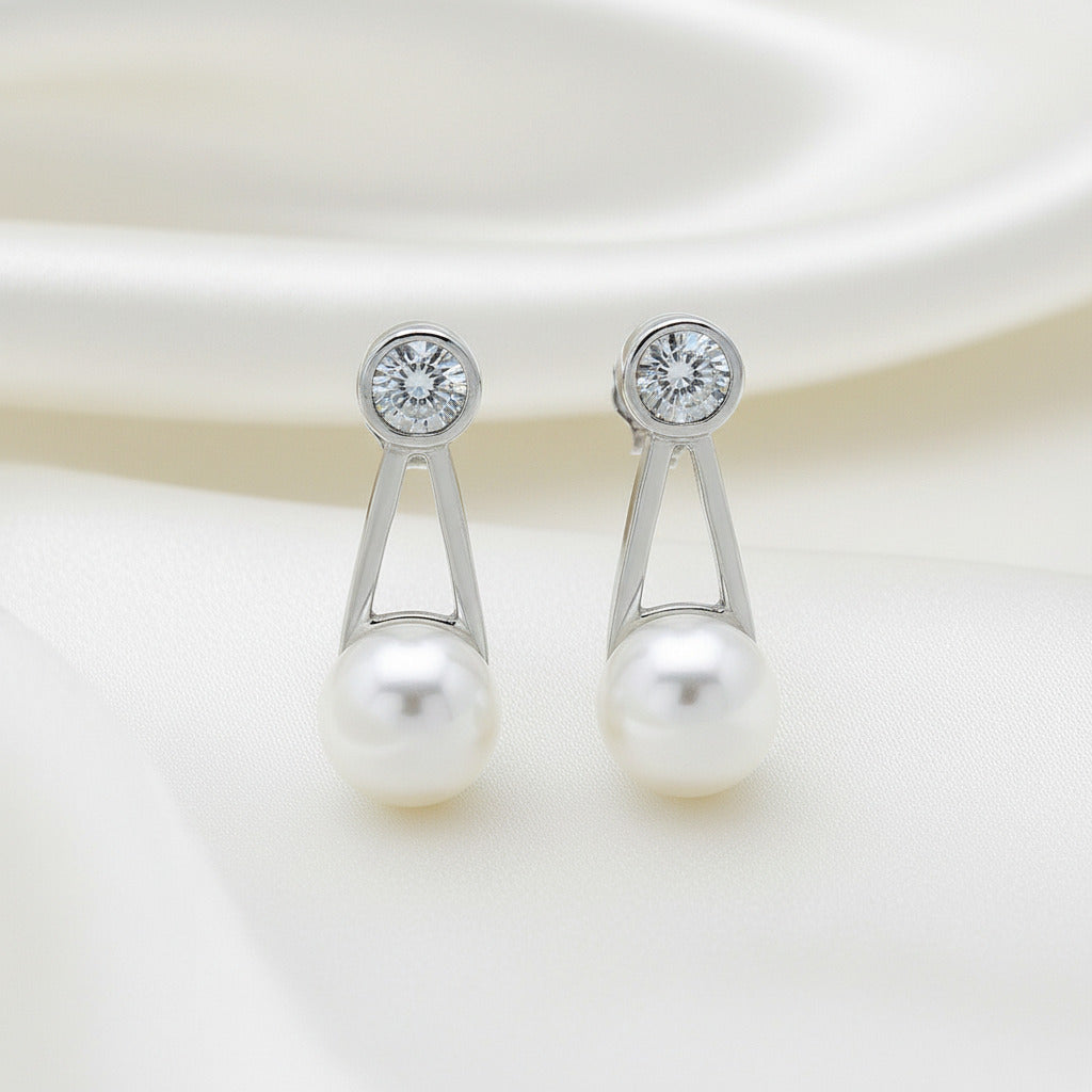 Pendientes "Gota de Luz Eterna" – Plata Rodiada, Perla Cultivada y Circonita (19.7 mm)