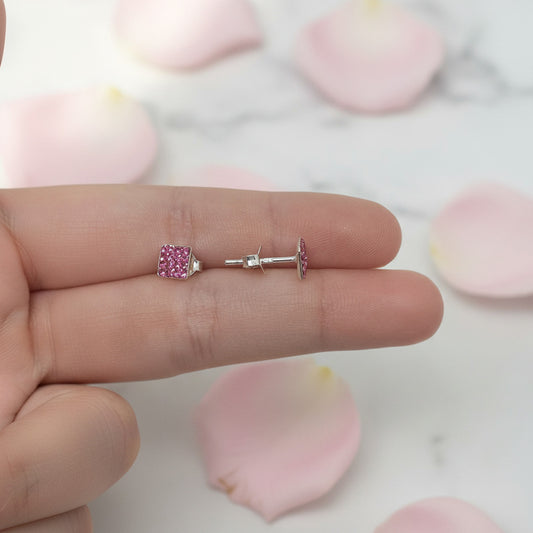 Pendientes de Rombo en Plata de Ley 925 y Cristal Rosa - Joya Brillante de Botón para Regalo Romántico