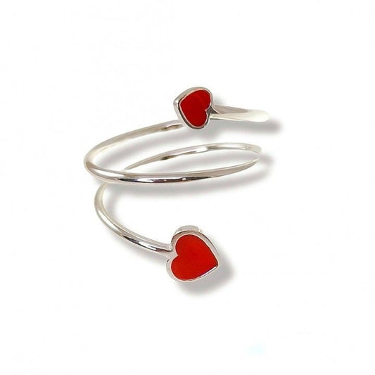 Anillo de Hilo Doble con Corazones Esmaltados en Rojo - Sortija Fija Plata de Ley 925