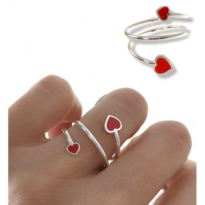 Anillo de Hilo Doble con Corazones Esmaltados en Rojo - Sortija Fija Plata de Ley 925
