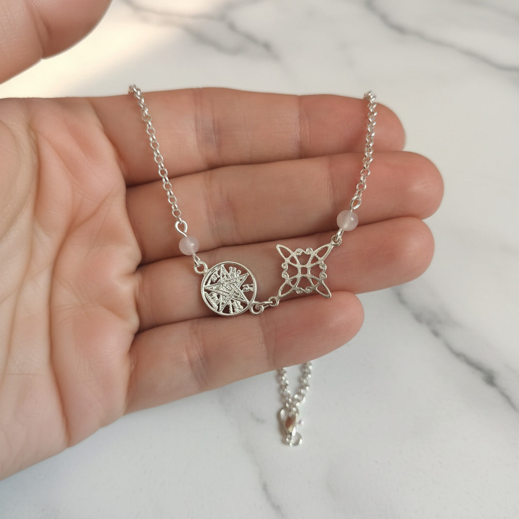 Pulsera Nudo de Bruja y Tetragramatón en Plata de Ley 925 con Cuarzo Rosa - Amuleto de Protección y Amor Propio