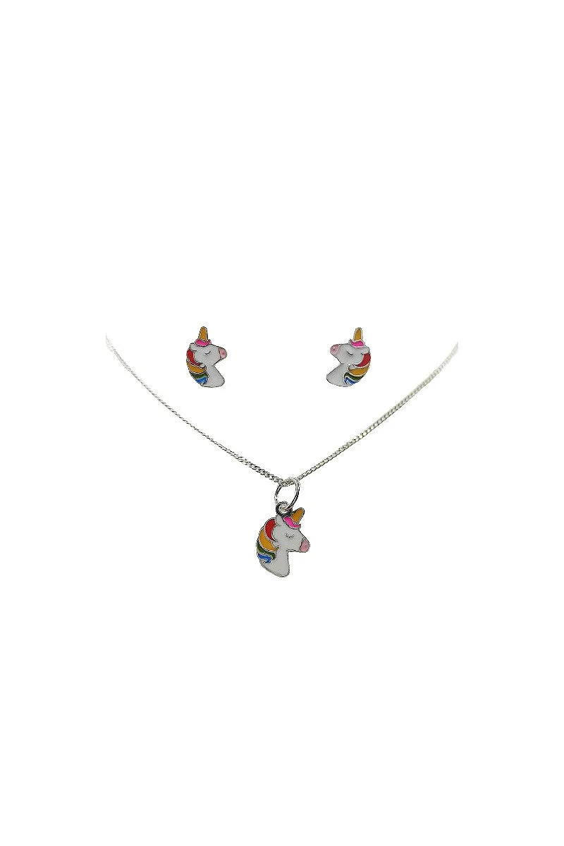 Conjunto Unicornios: pendientes, cadena y colgante en Plata de Ley
