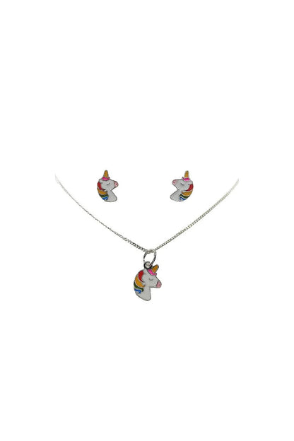 Conjunto Unicornios: pendientes, cadena y colgante en Plata de Ley